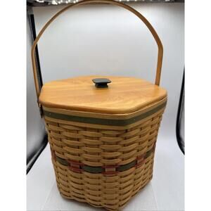 Large Longaberger 1997 Holiday Hostess 12” Handle Basket With Lid And 3 Inserts